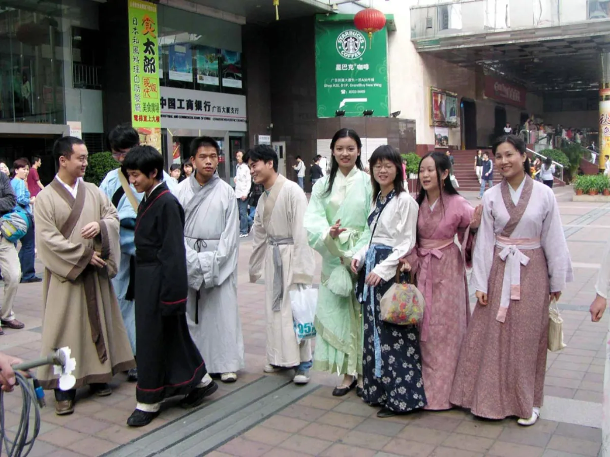 People wearing modern interpretations of traditional Chinese hanfu