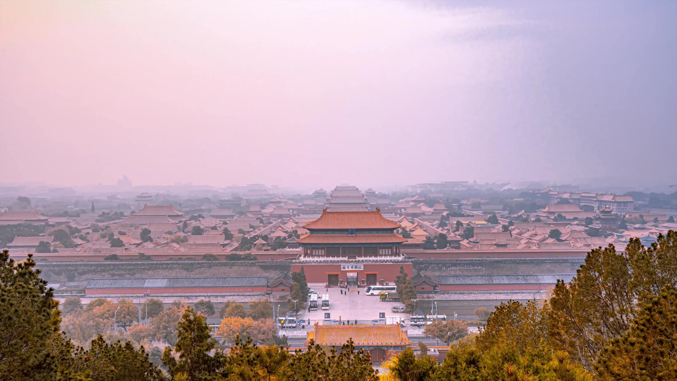 Beijing at sunrise with the Forbidden City extending along the historic central axis