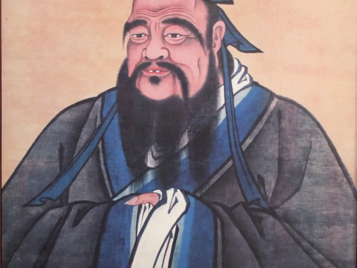 Traditional painted portrait of Confucius in scholarly robes