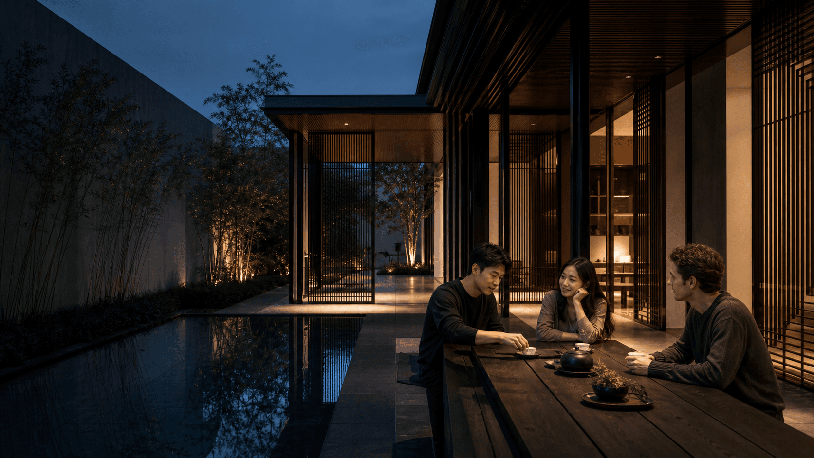 Young Chinese and international friends sharing tea in a contemporary Chinese courtyard