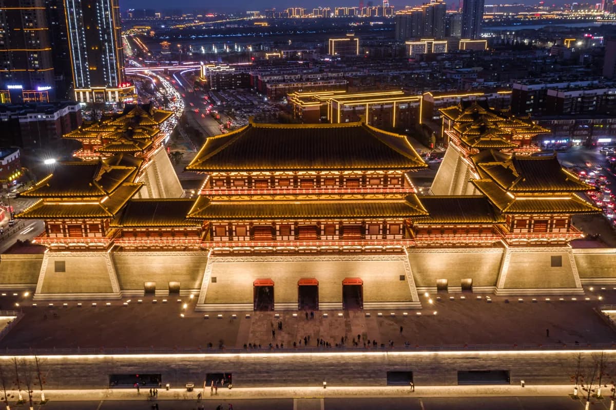 Illuminated Yingtian Gate seen from above in the historic city of Luoyang