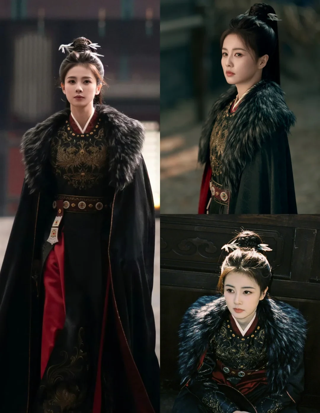 Bai Lu as Li Peiyi in black court-investigator dress, shown standing, observing and seated inside an official interior
