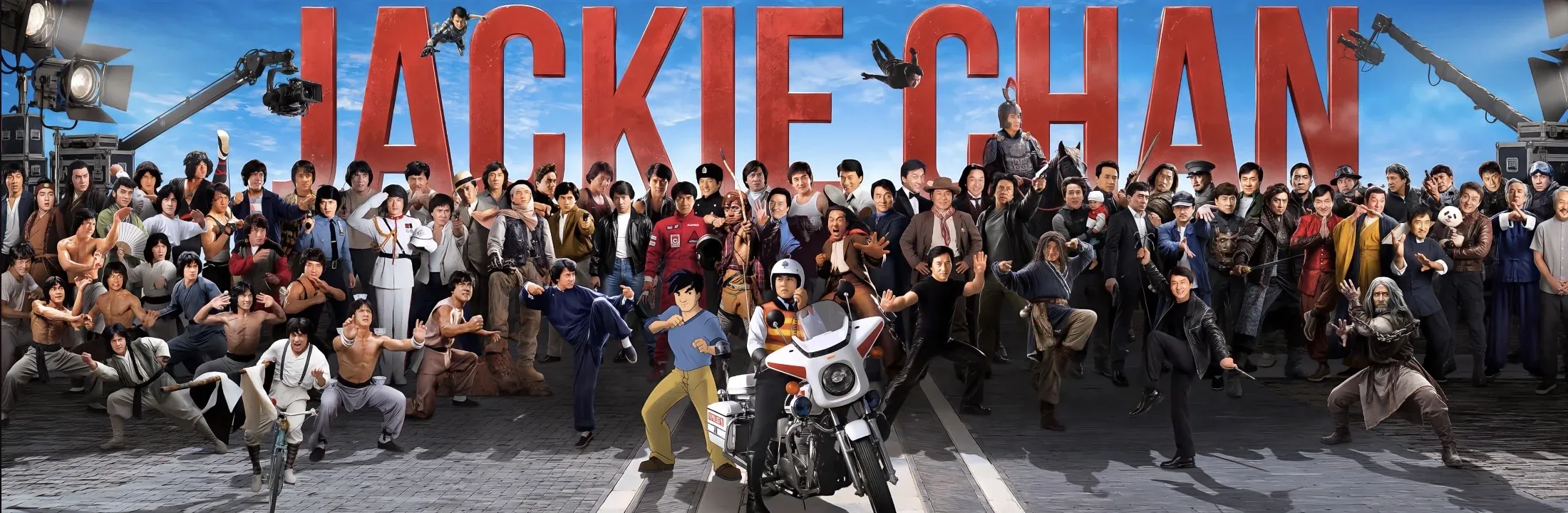 A Xiaohongshu career poster gathers Jackie Chan's many screen identities, from Hong Kong action comedy to later mentor roles