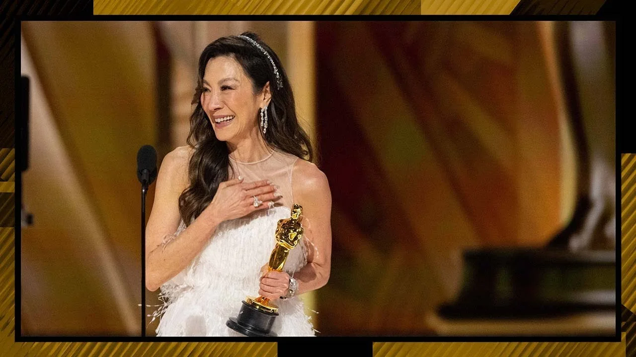 Michelle Yeoh holding the Best Actress Oscar during her 2023 acceptance speech