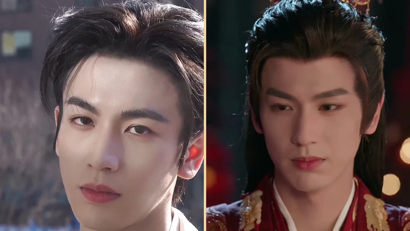 Two official iQIYI images of Zhang Linghe contrasting a modern close-up with a severe historical-costume role