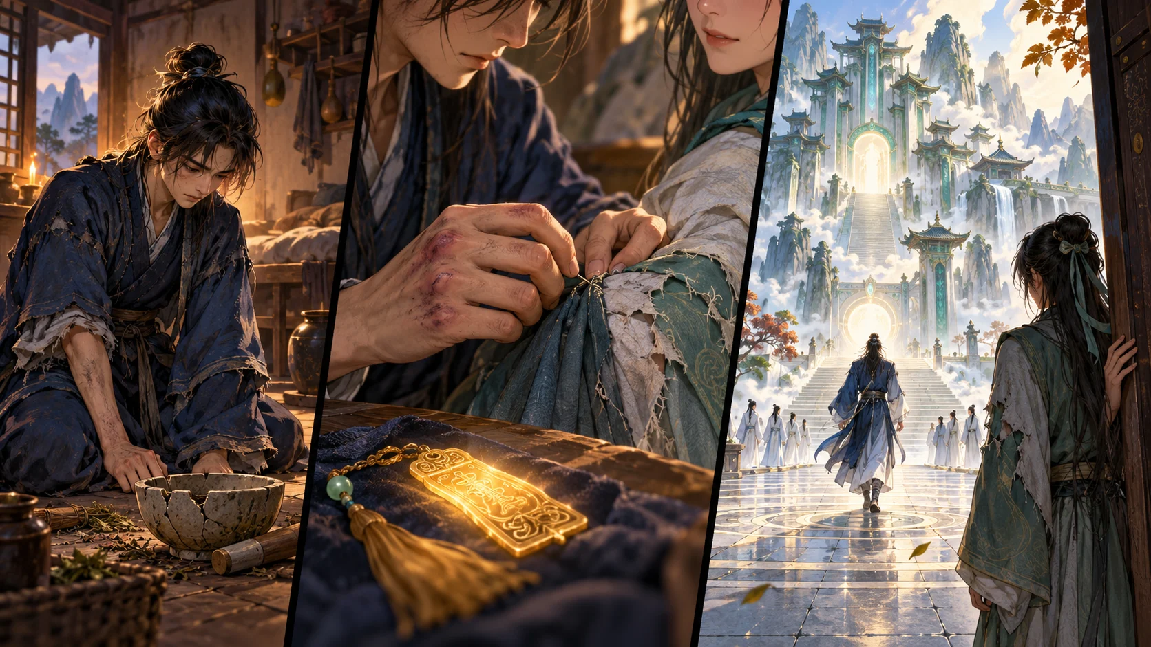 Original cultivation manhua concept sequence showing an apprentice, a repaired sleeve and the distance created by advancement
