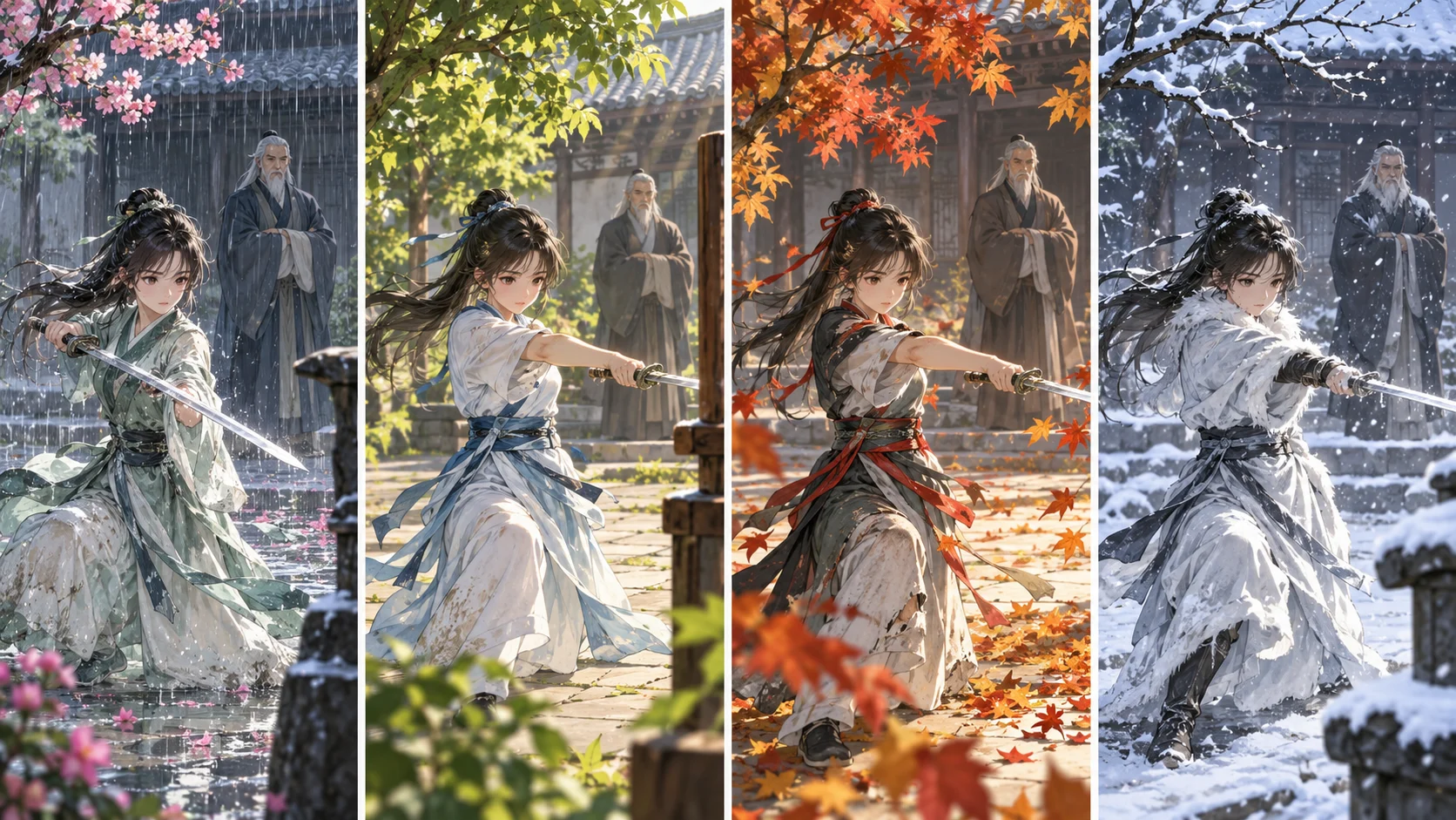 Original cultivation manhua concept illustration repeating one sword practice across four seasons