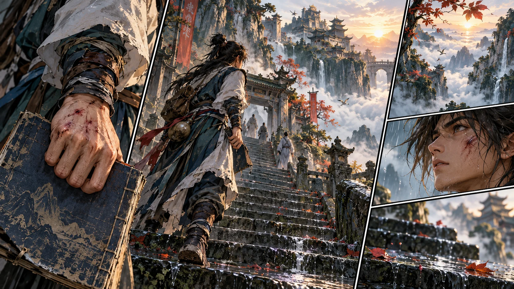 Original cultivation manhua concept illustration of an apprentice climbing toward a mountain sect after hard training