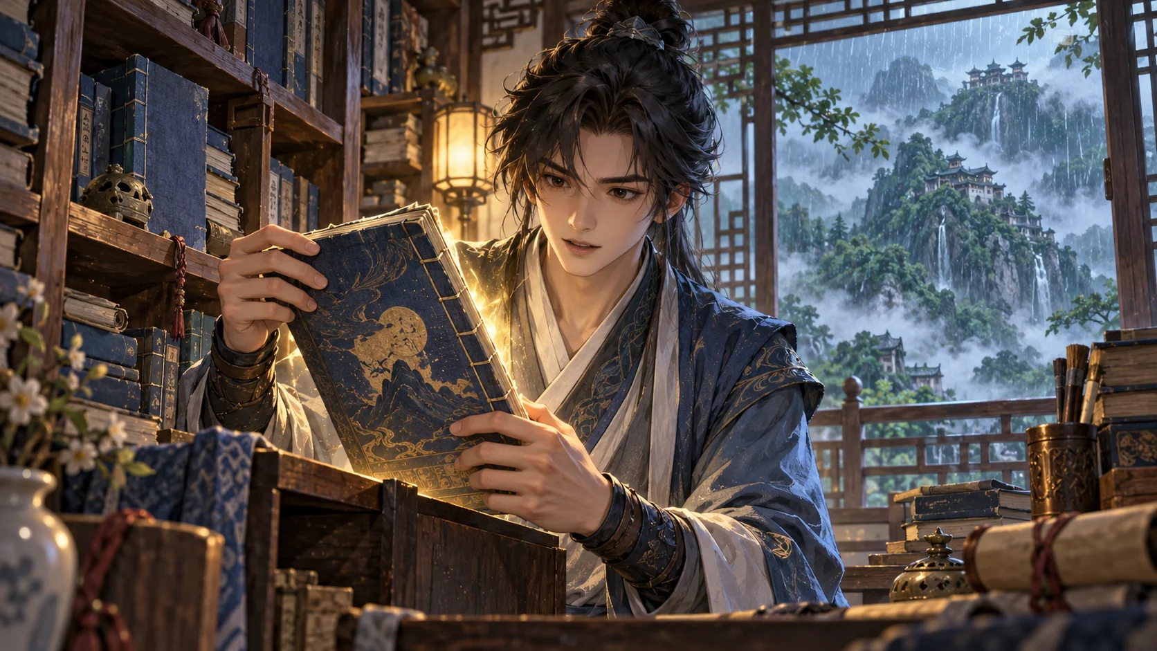Original cultivation manhua illustration of a young apprentice finding a training manual in a mountain sect library