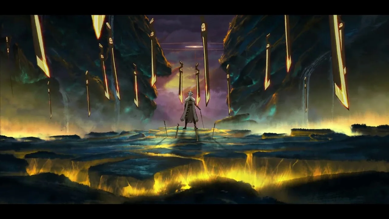 A lone elemental fighter surrounded by suspended glowing blades in the official Fog Hill of Five Elements return PV