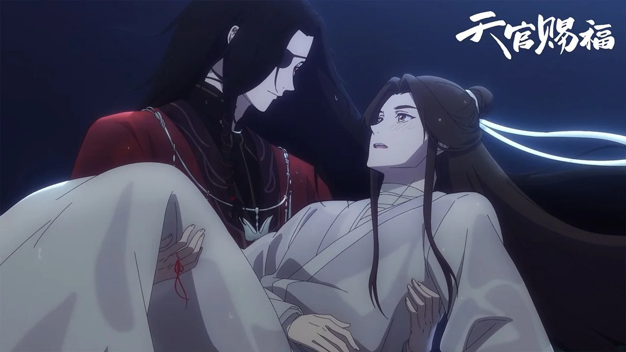 Hua Cheng carrying Xie Lian through dark water in an official Heaven Official's Blessing animated short