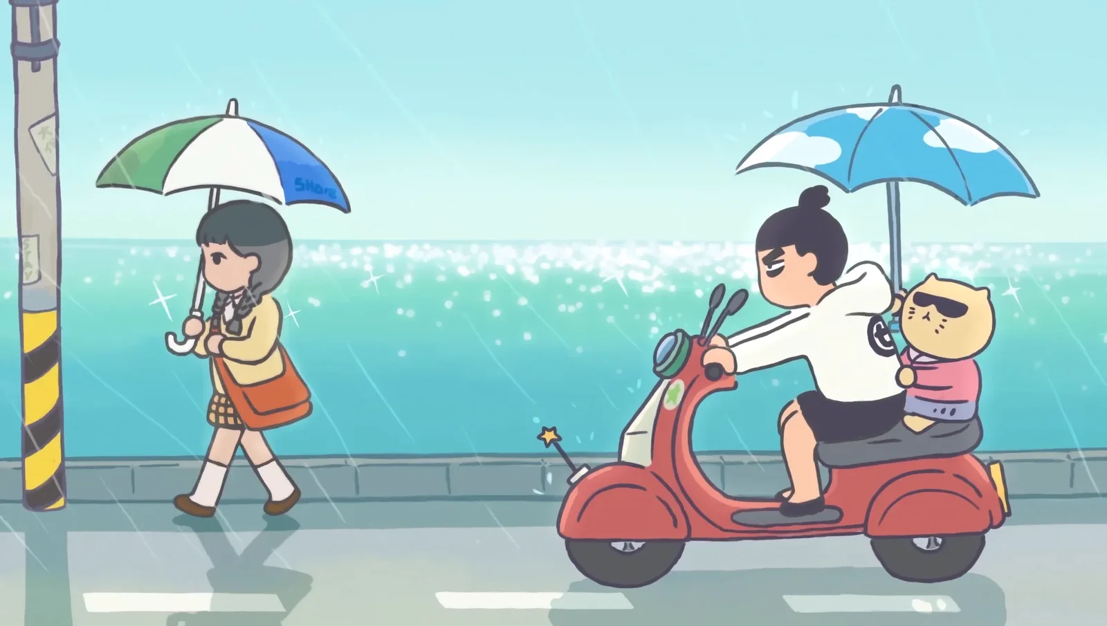 Seven riding a red scooter behind a pedestrian in the rain in Scissor Seven