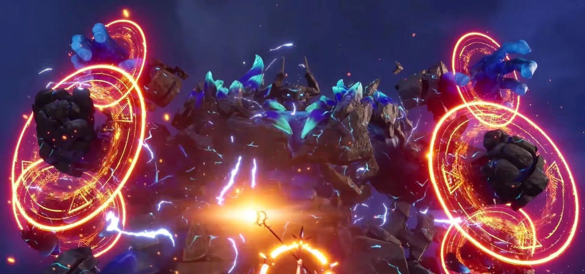 Throne of Seal battle scene with an enormous stone creature surrounded by glowing spell circles