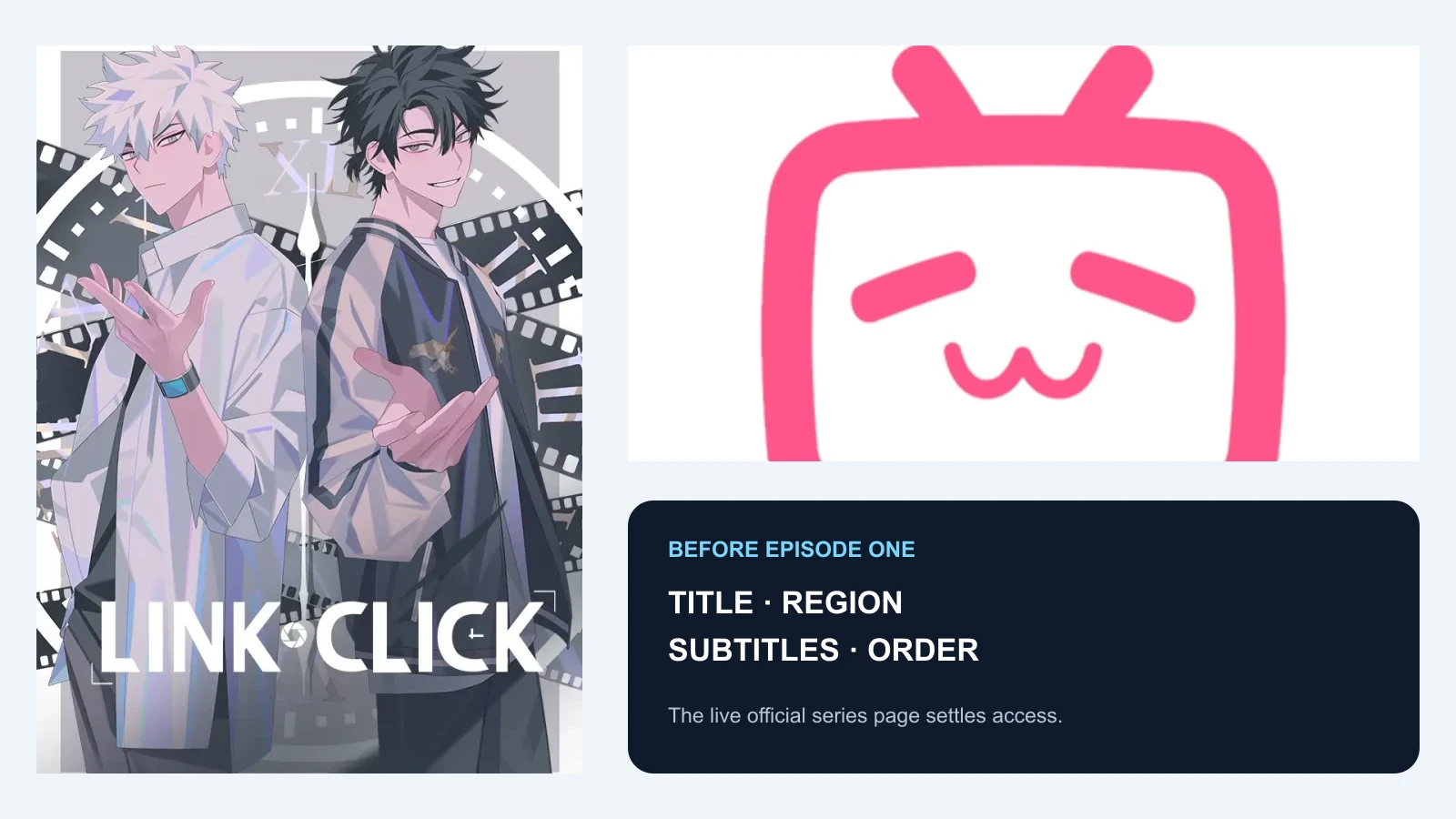 A Link Click listing image, official Made By Bilibili channel mark and East Moment checklist for title region subtitles and episode order