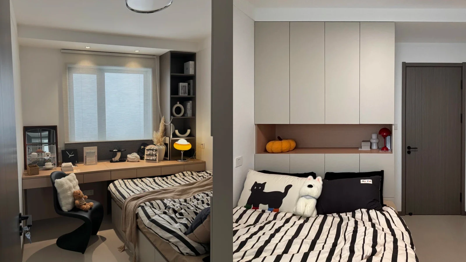 Two views of one compact bedroom showing the bed beside a window desk and the door beside full-height storage