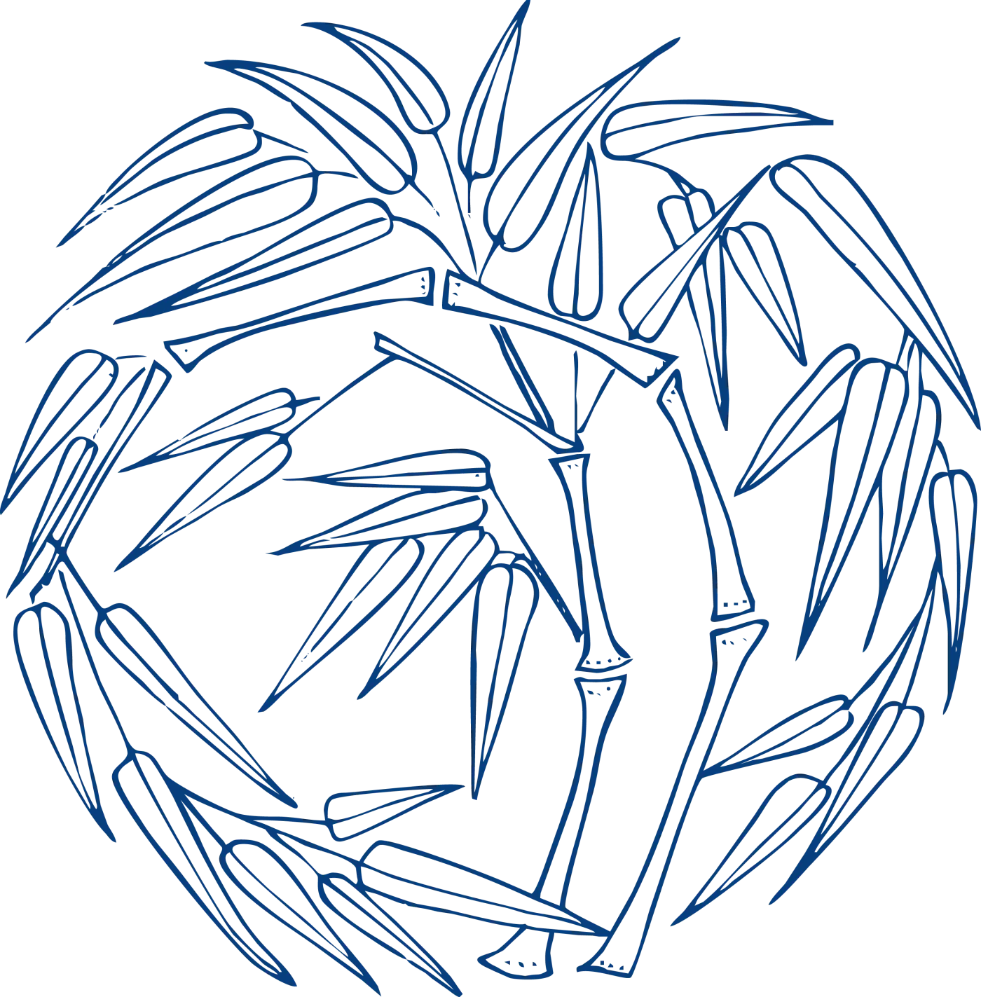 Modern blue-and-white bamboo roundel using open linework and a circular composition