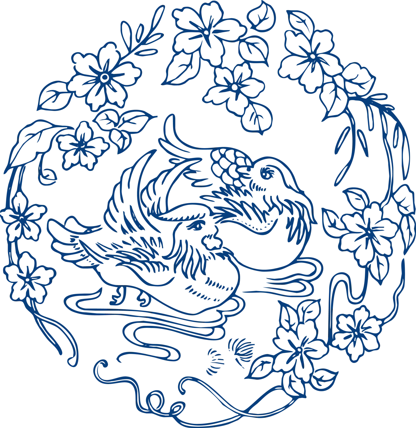 Modern Chinese blue-and-white bird-and-flower pattern arranged inside a circular field