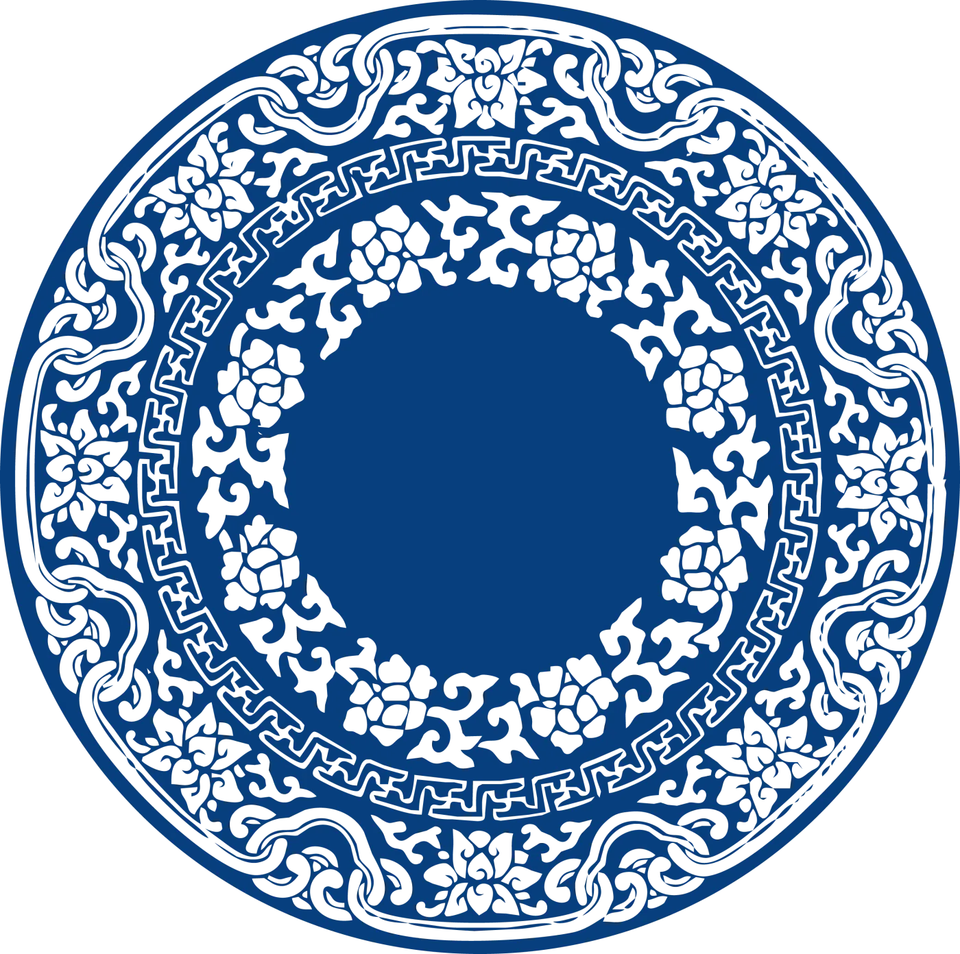 Modern blue-and-white porcelain border pattern forming a circular frame around an open center