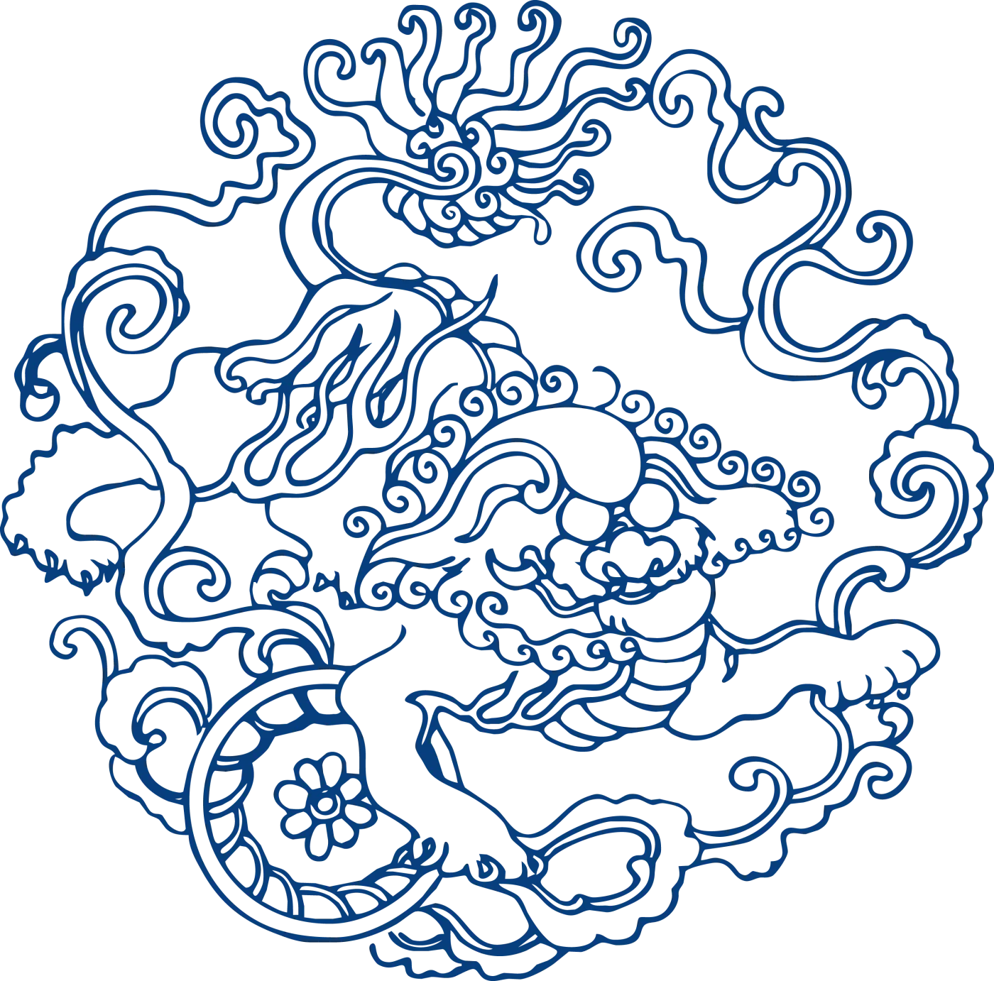 Modern blue-and-white dragon roundel with the animal circling through clouds