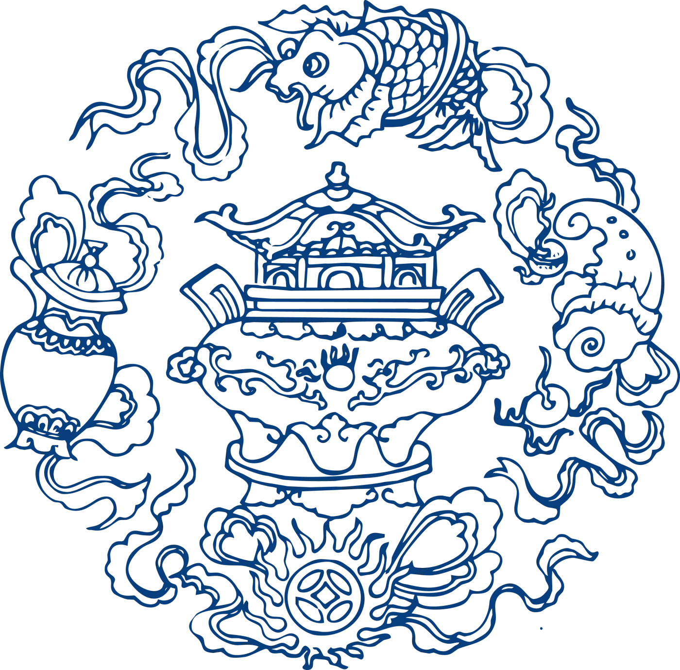 Modern blue-and-white composition with pavilion fish flowers and layered scenery