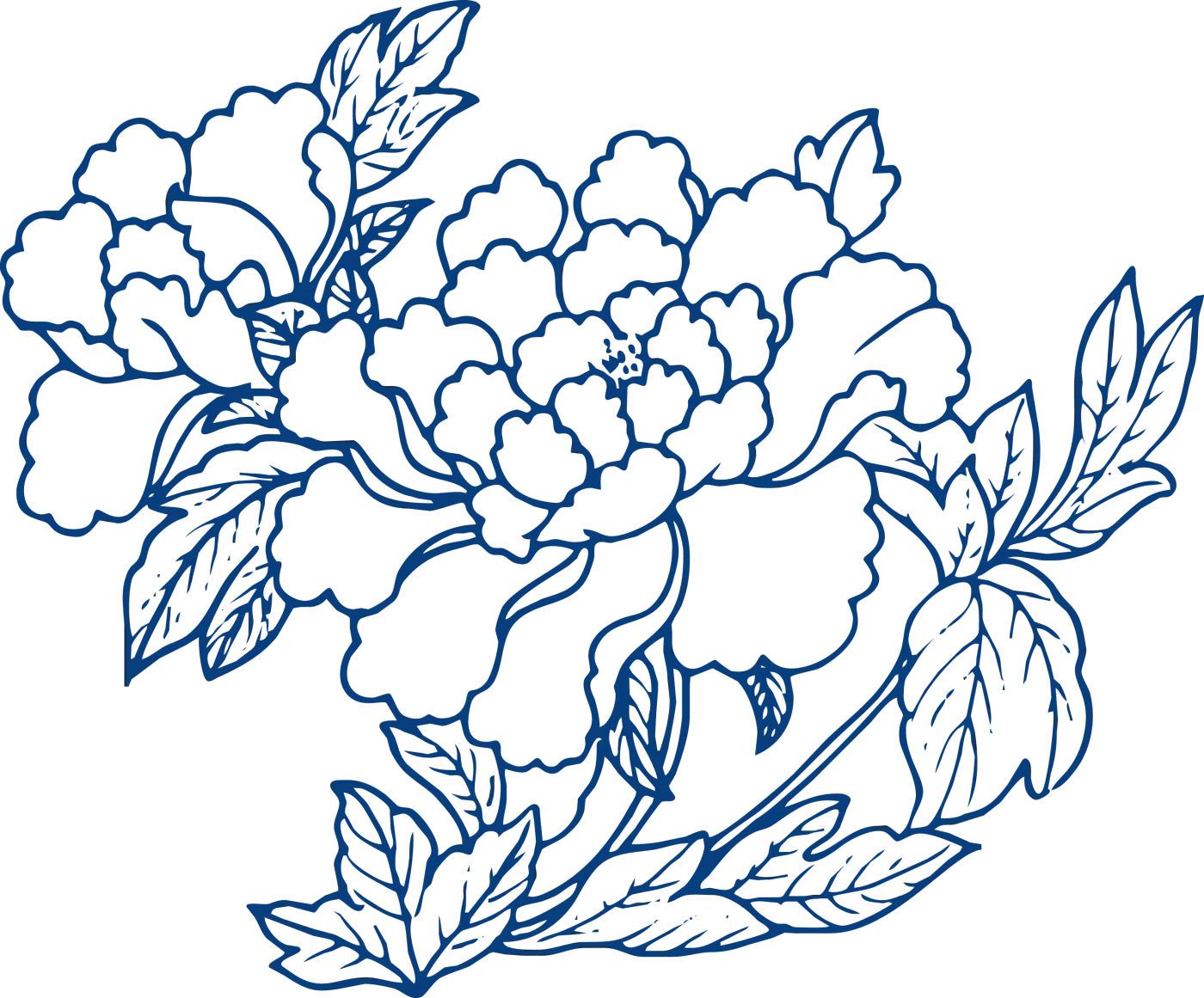 Modern blue-and-white peony spray with layered petals and curling leaves