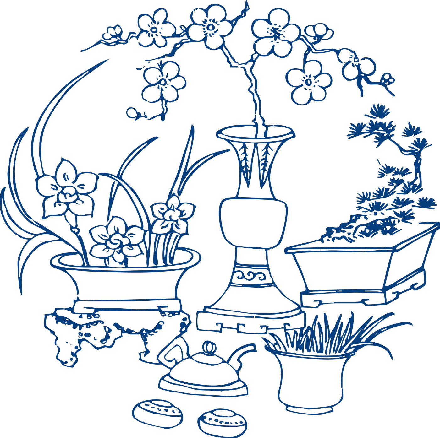 Modern blue-and-white pattern combining scholars objects flower vessels and decorative arrangements