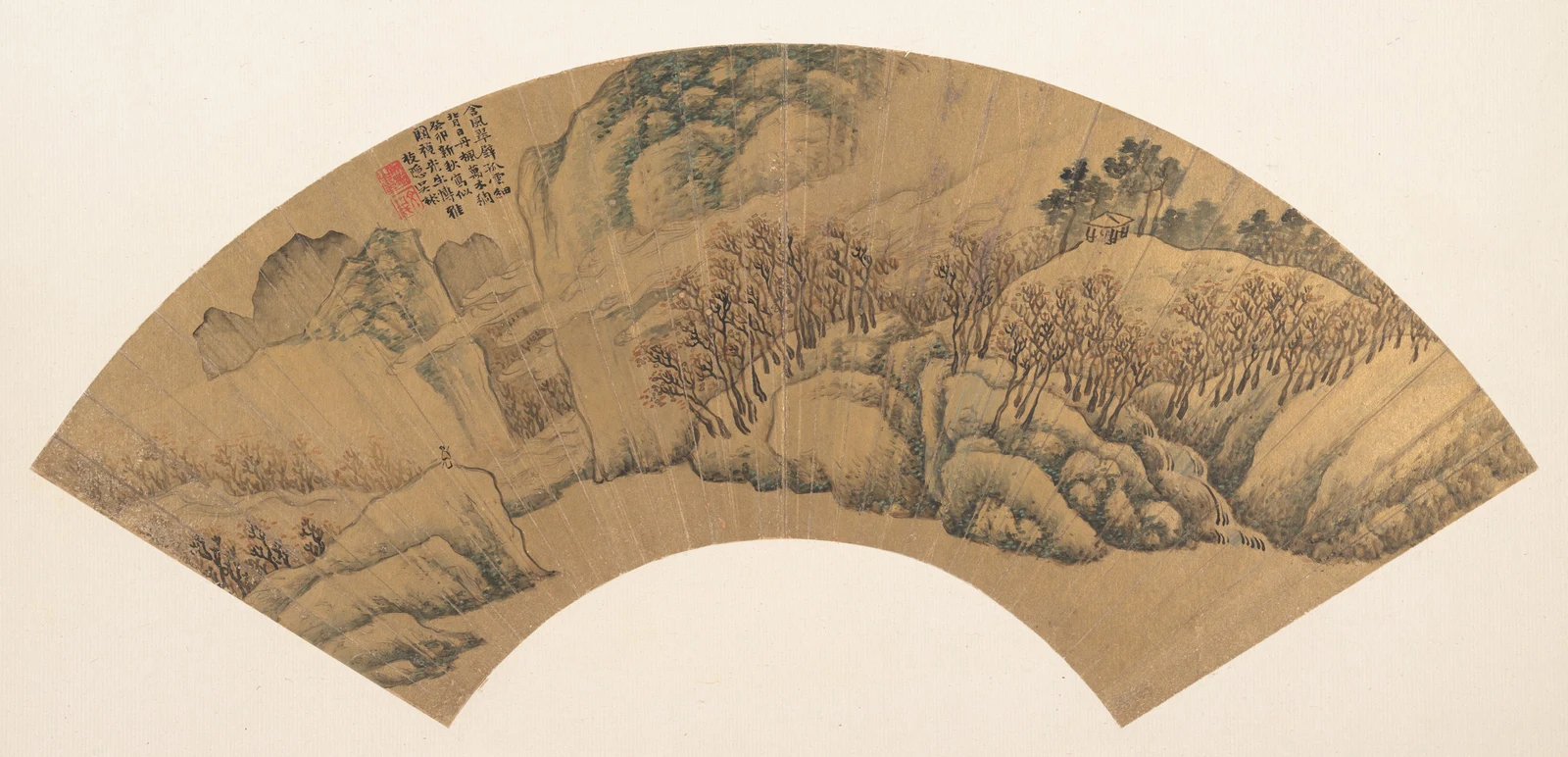 Wu Bin's 1603 Chinese folding fan painting Azure Cliff with Red Maples