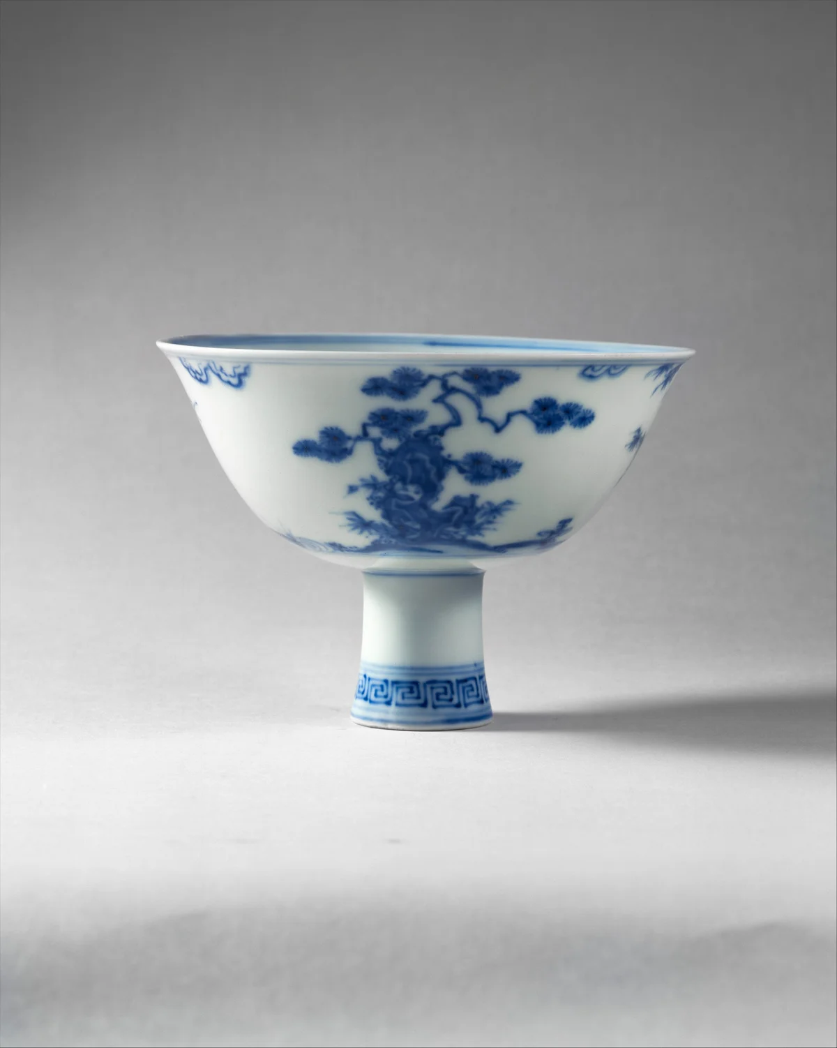 Late-fifteenth-century Jingdezhen porcelain stem cup with pine bamboo and plum blossom decoration