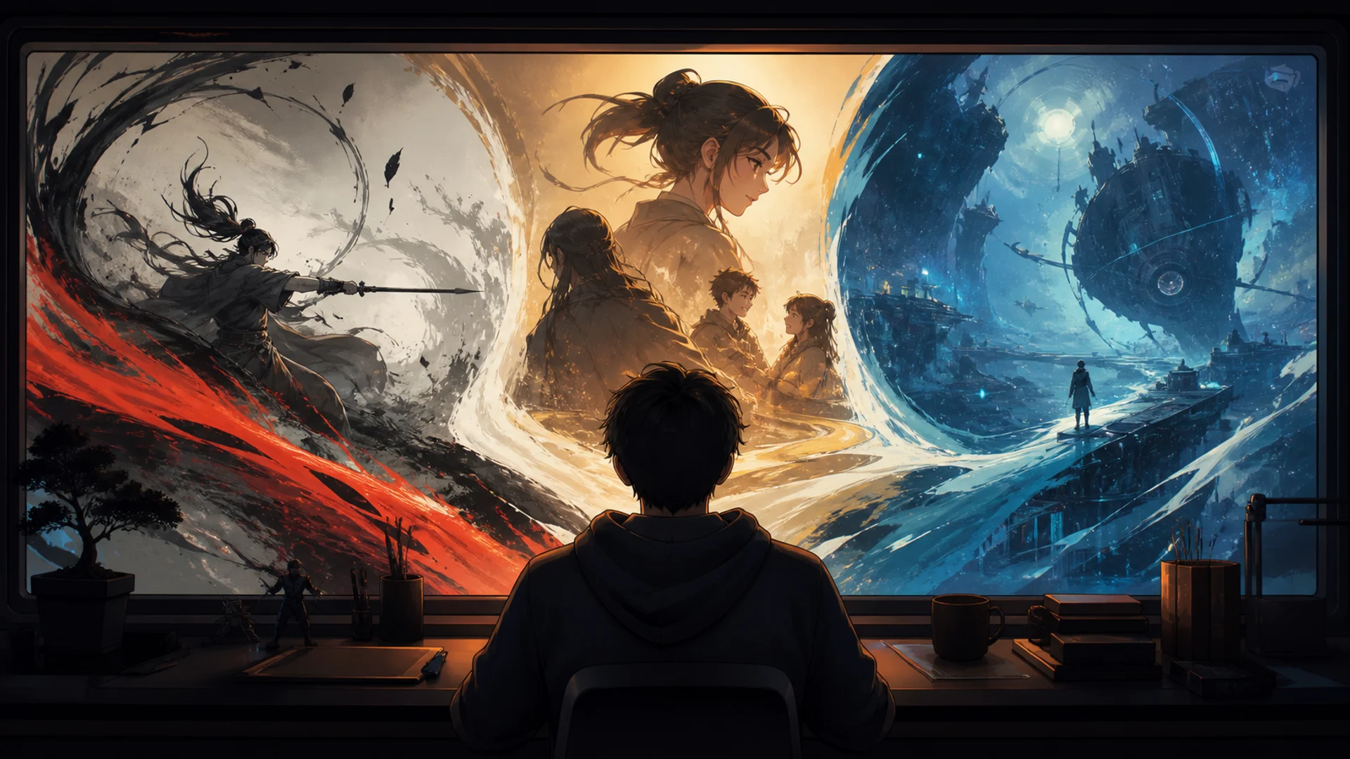 Original editorial illustration of a viewer choosing among ink-action, relationship drama and science-fiction donghua worlds