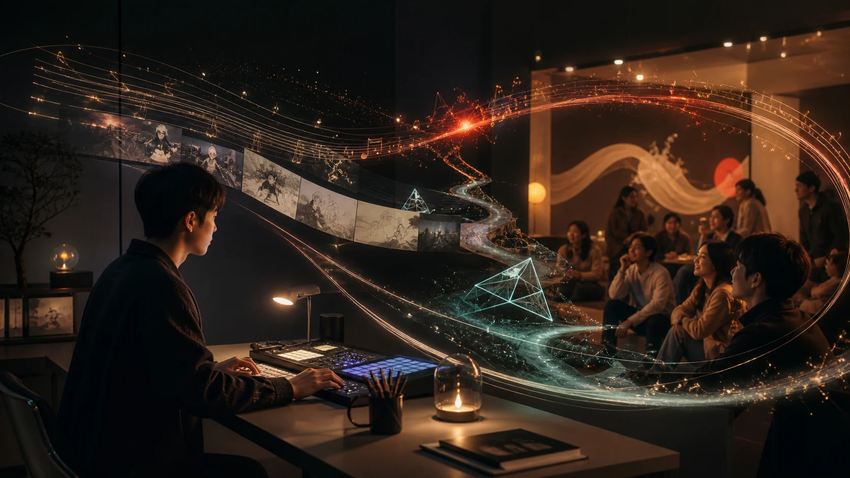 East Moment editorial artwork tracing film, music, animation and game signals from a young creator into a shared audience space