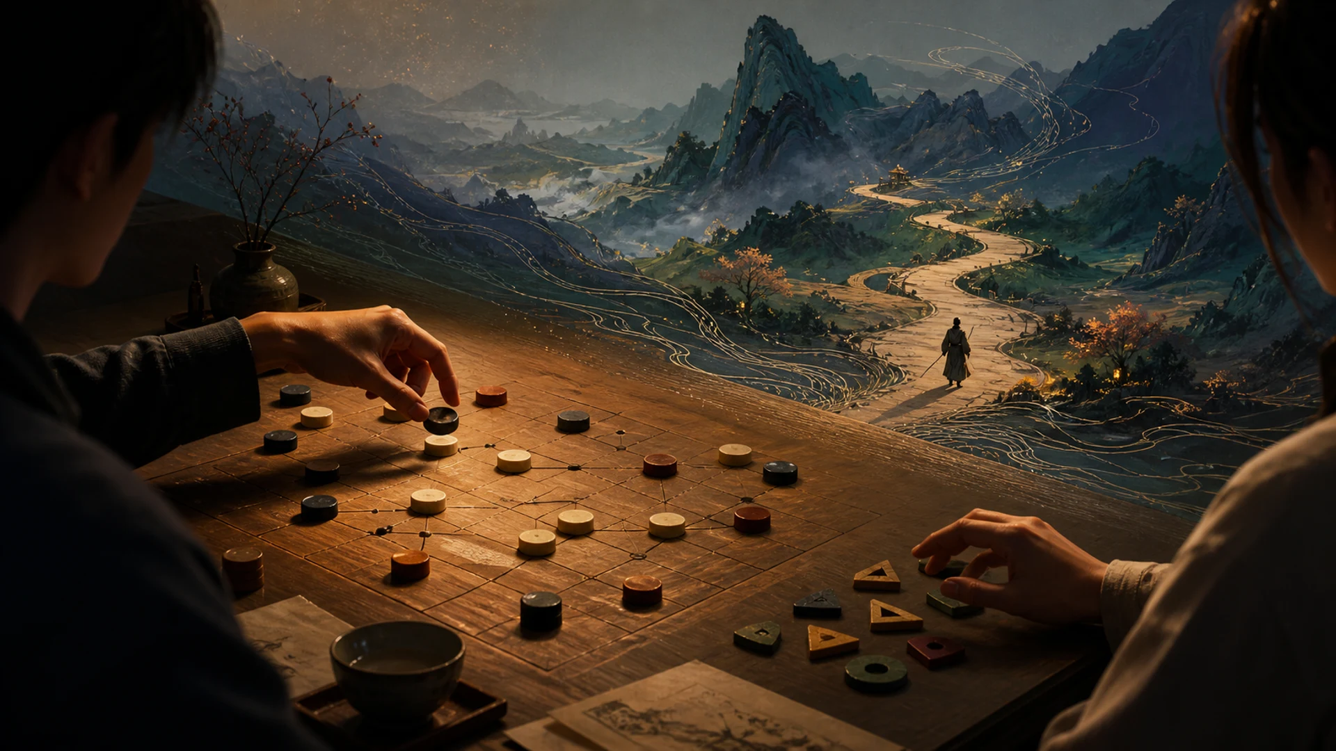 Original editorial illustration of players moving physical pieces as the table opens into a digital jianghu landscape