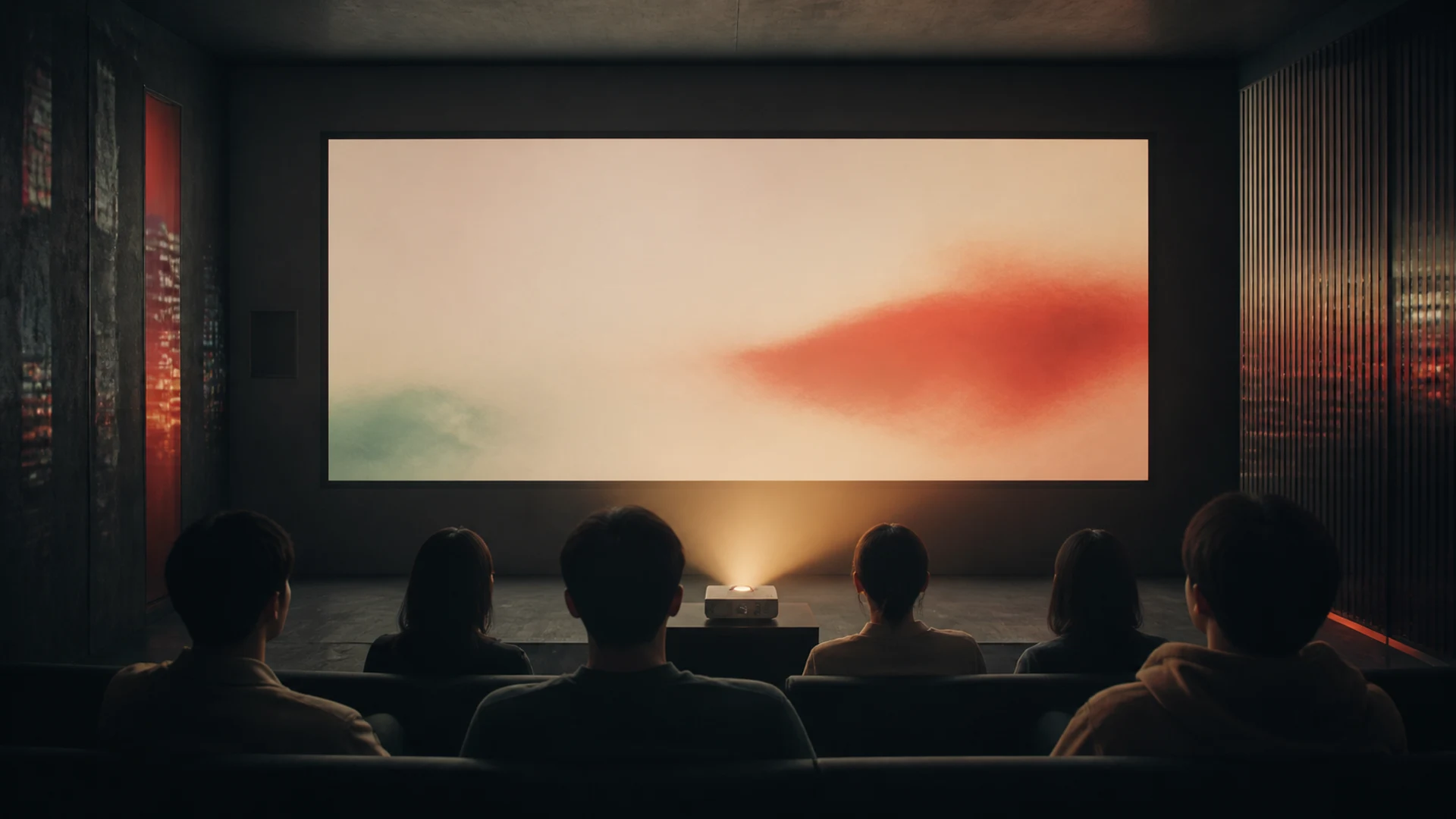 Editorial illustration of viewers facing a luminous screen in a contemporary screening room