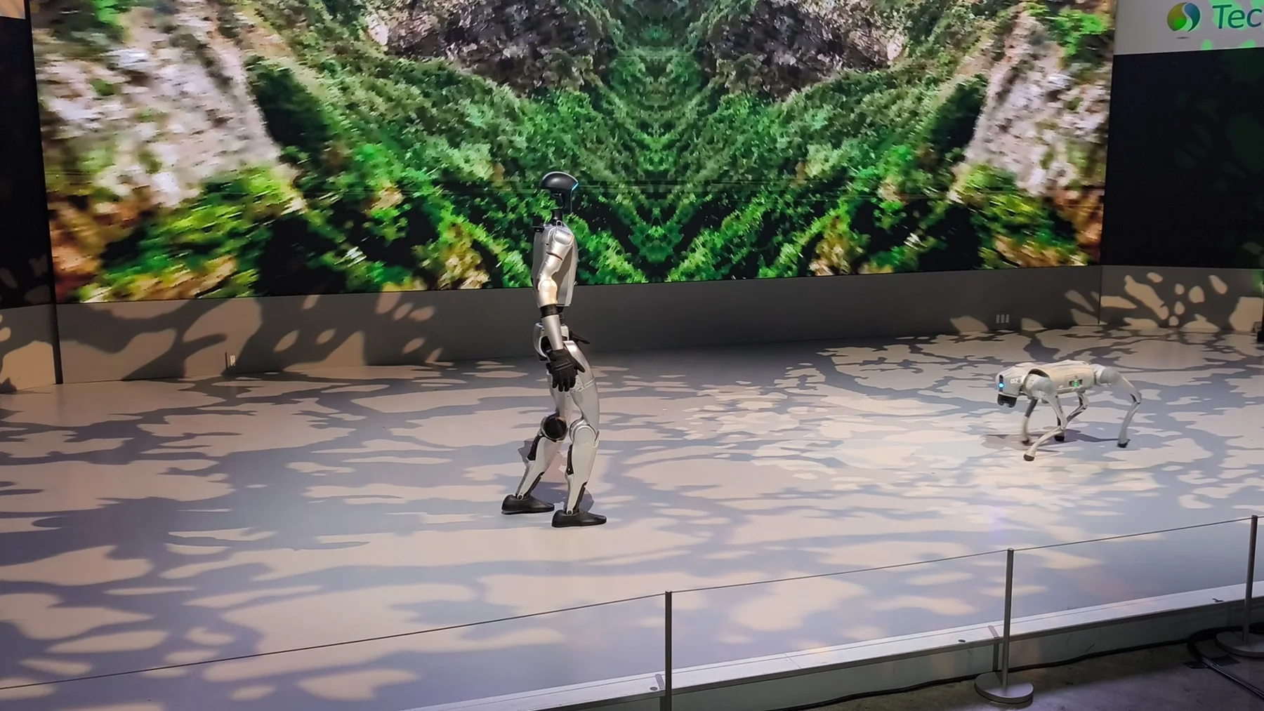 A Unitree G1 humanoid and quadruped robot demonstrated together at the 2025 Japan Mobility Show