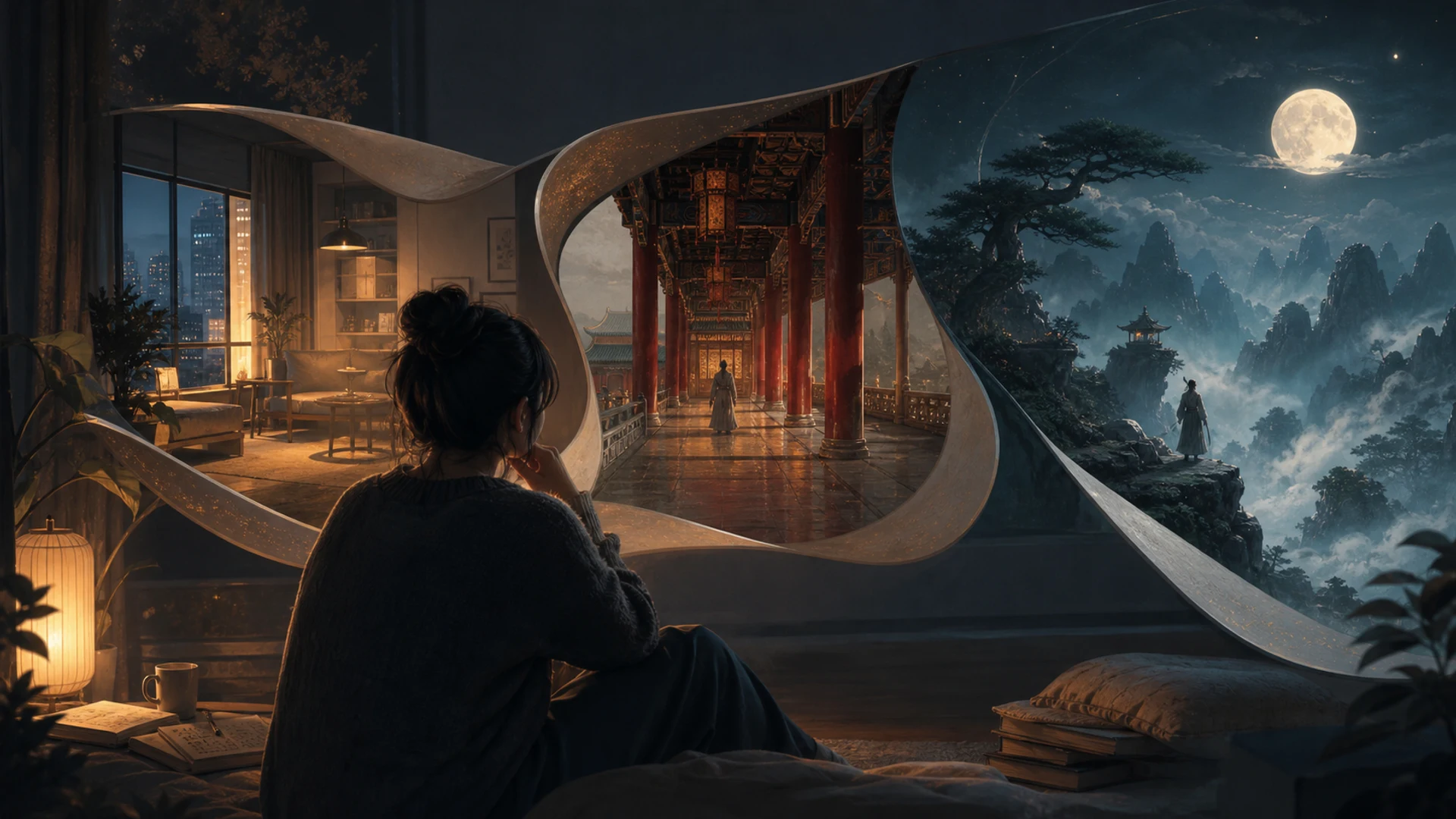 Original editorial illustration of a viewer choosing among modern, historical and fantasy Chinese drama worlds