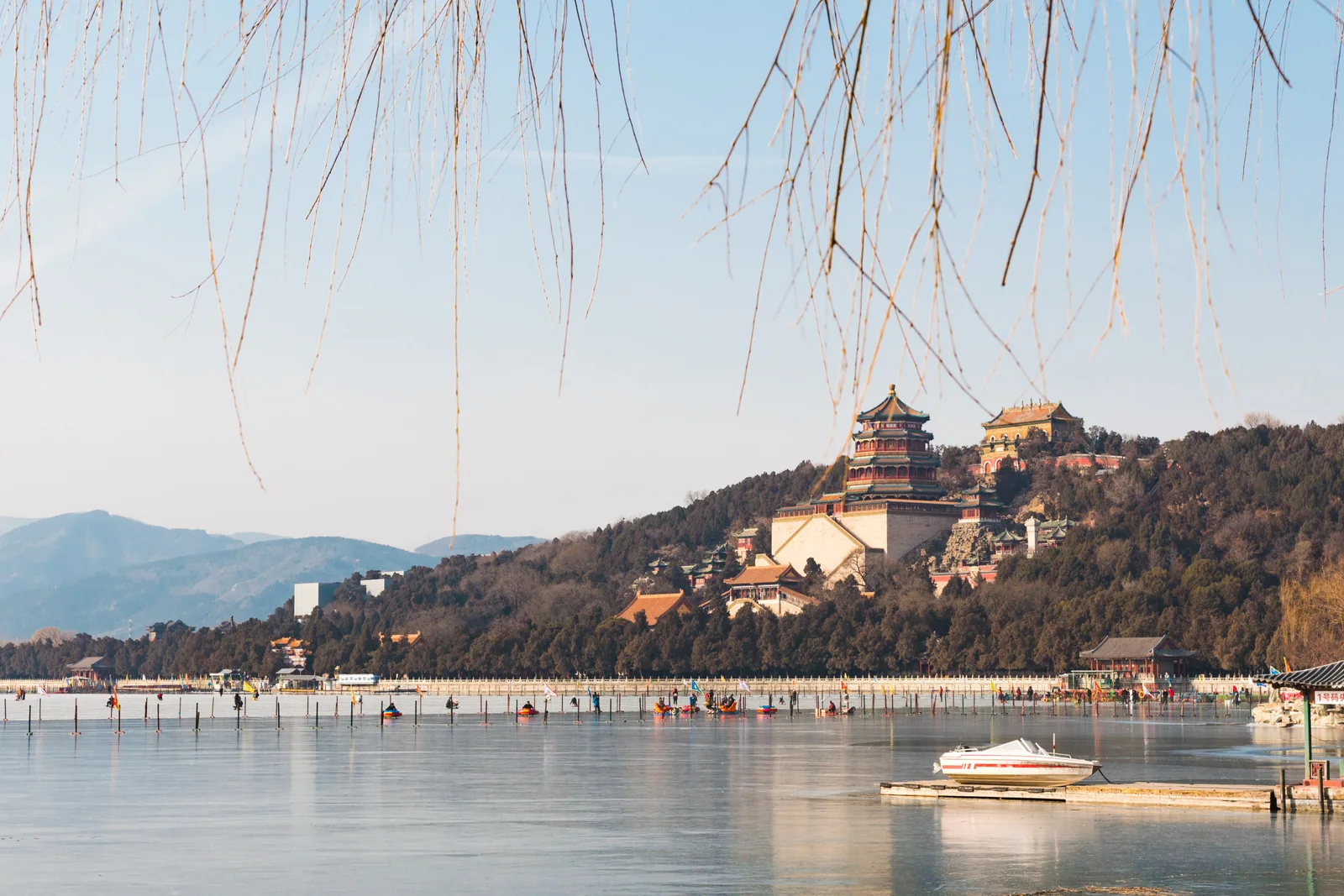 Summer Palace lake, hills and boats showing Beijing's cultivated landscape at city scale