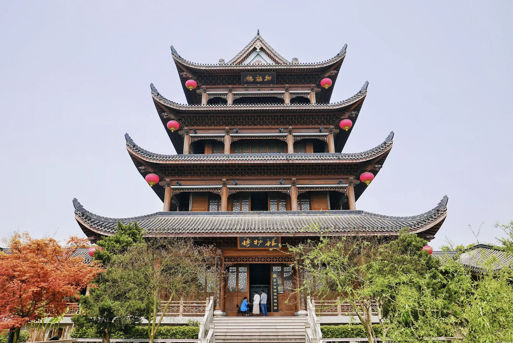 Multi-story Du Fu River Pavilion seen from its landscaped entrance