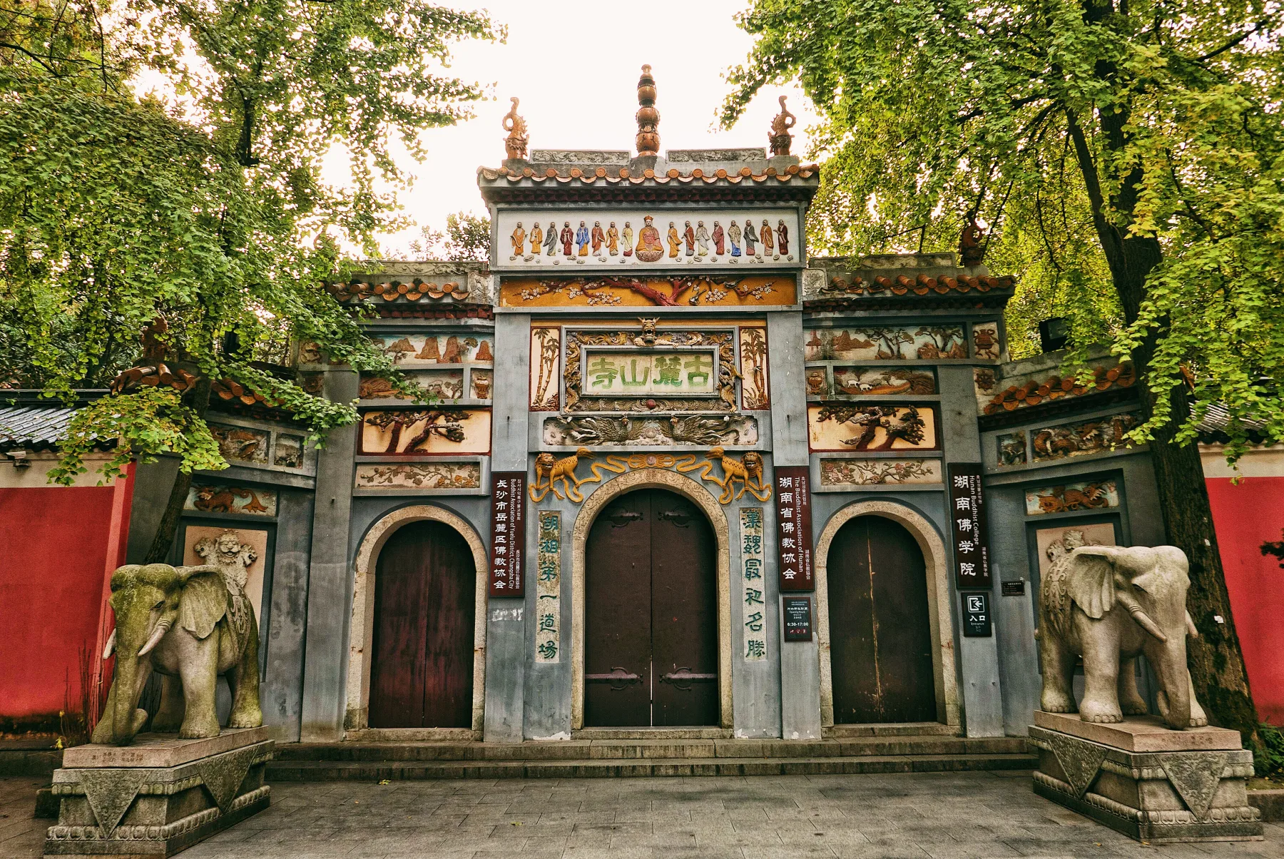 Decorated gate of Ancient Lushan Temple beneath mature trees on Yuelu Mountain