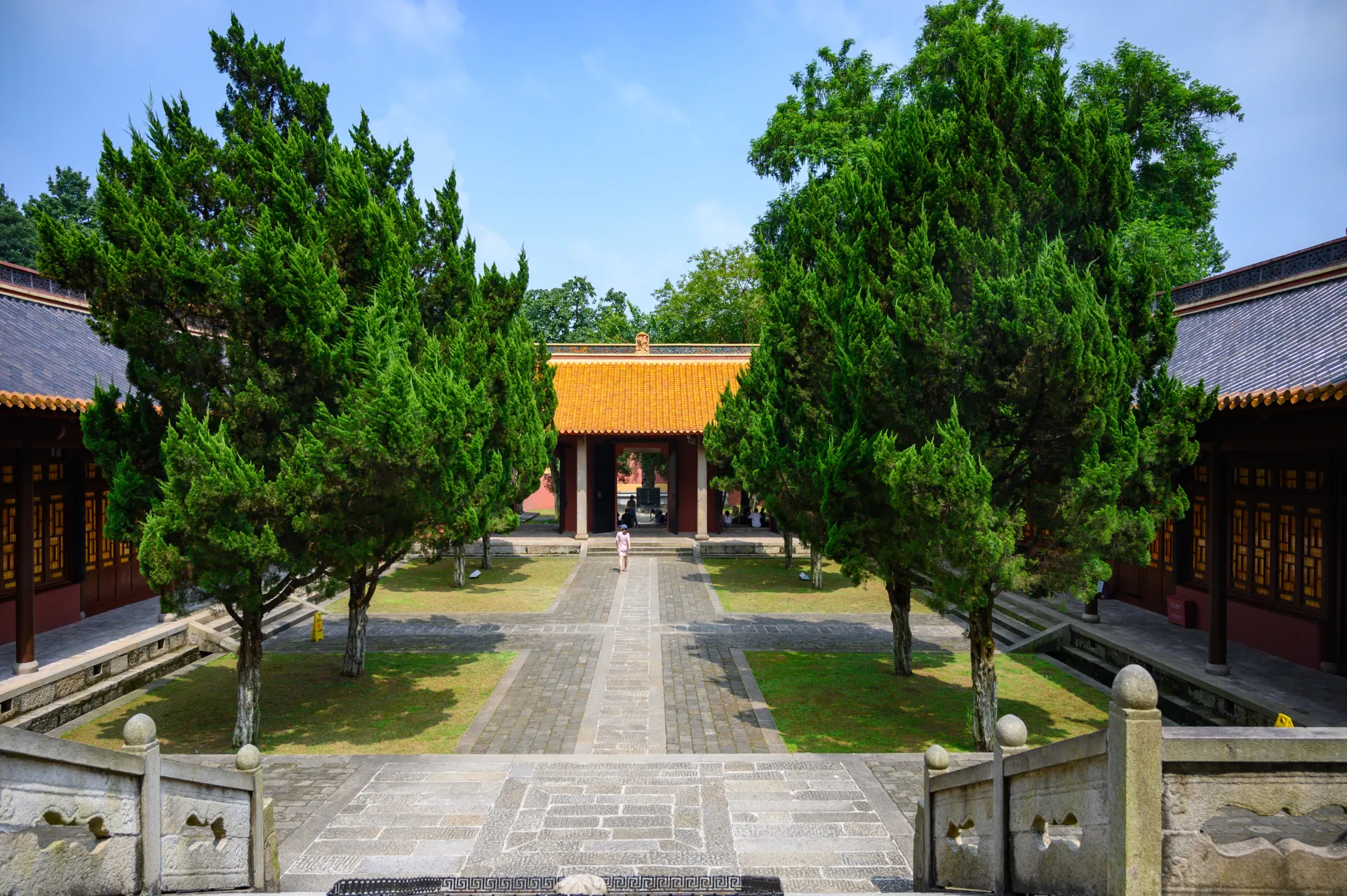 Courtyard axis, halls and mature trees inside Yuelu Academy in Changsha