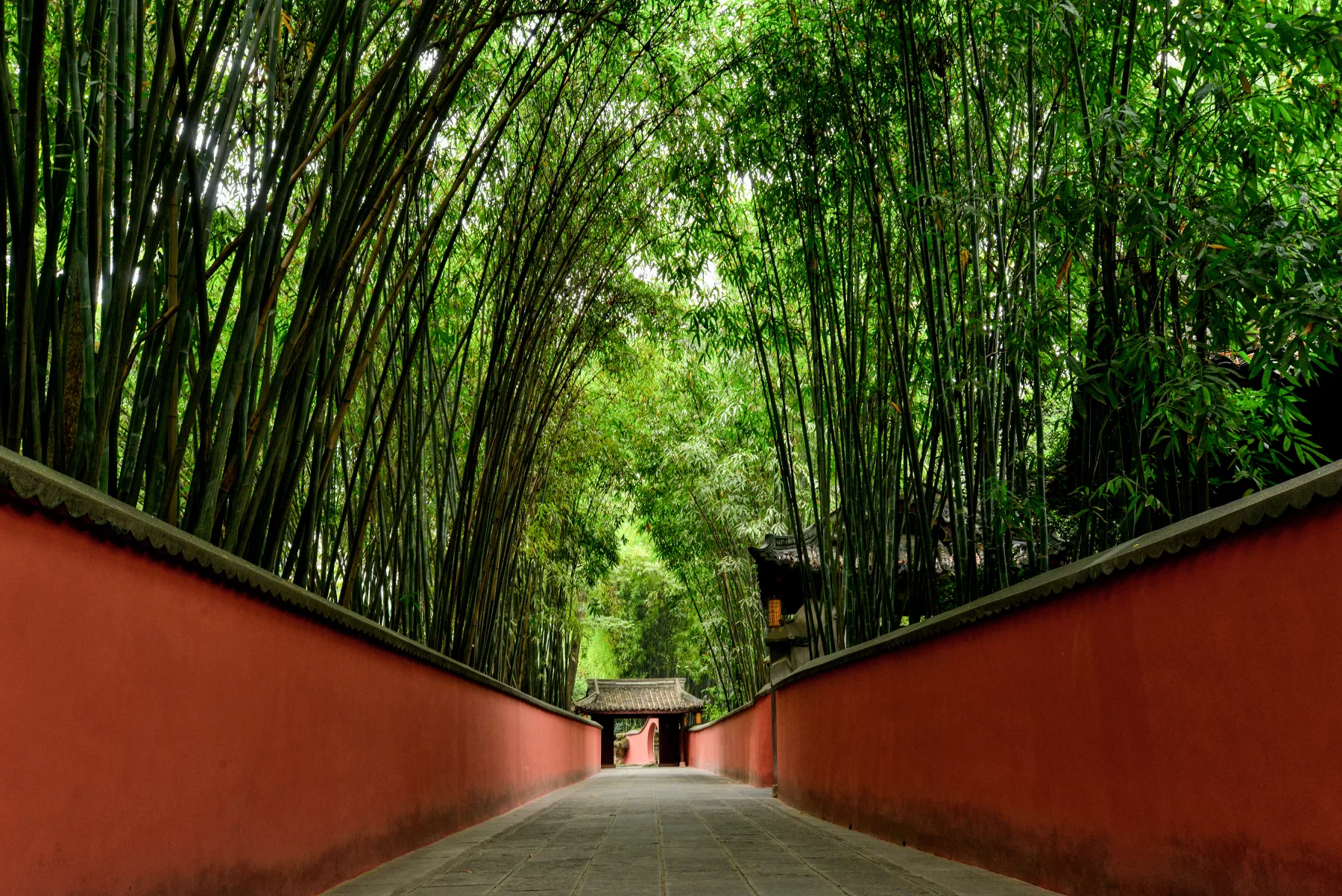 Red wall and bamboo at the Du Fu Thatched Cottage memorial landscape
