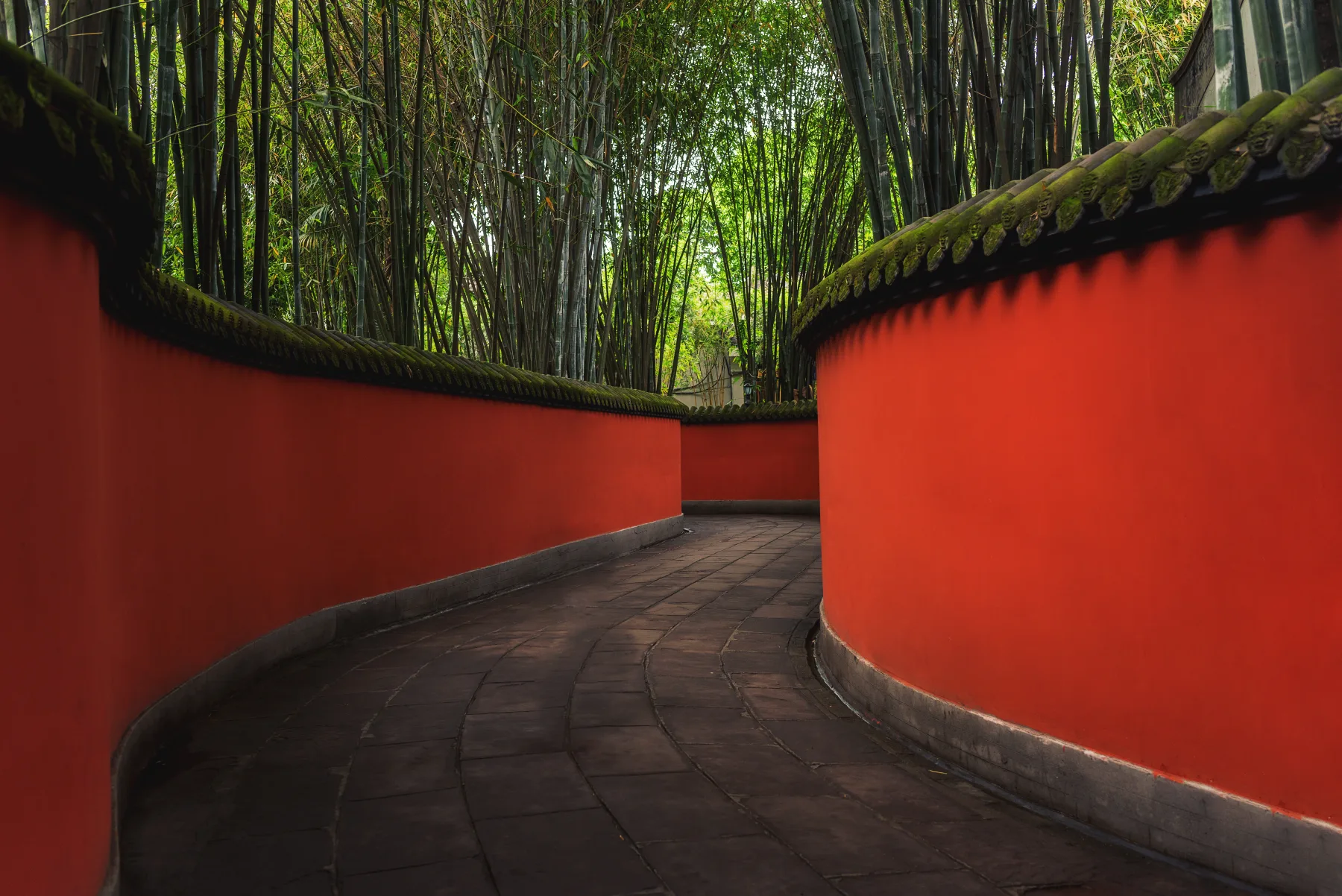 Red walls and bamboo-lined passage at Chengdu's Wuhou Shrine