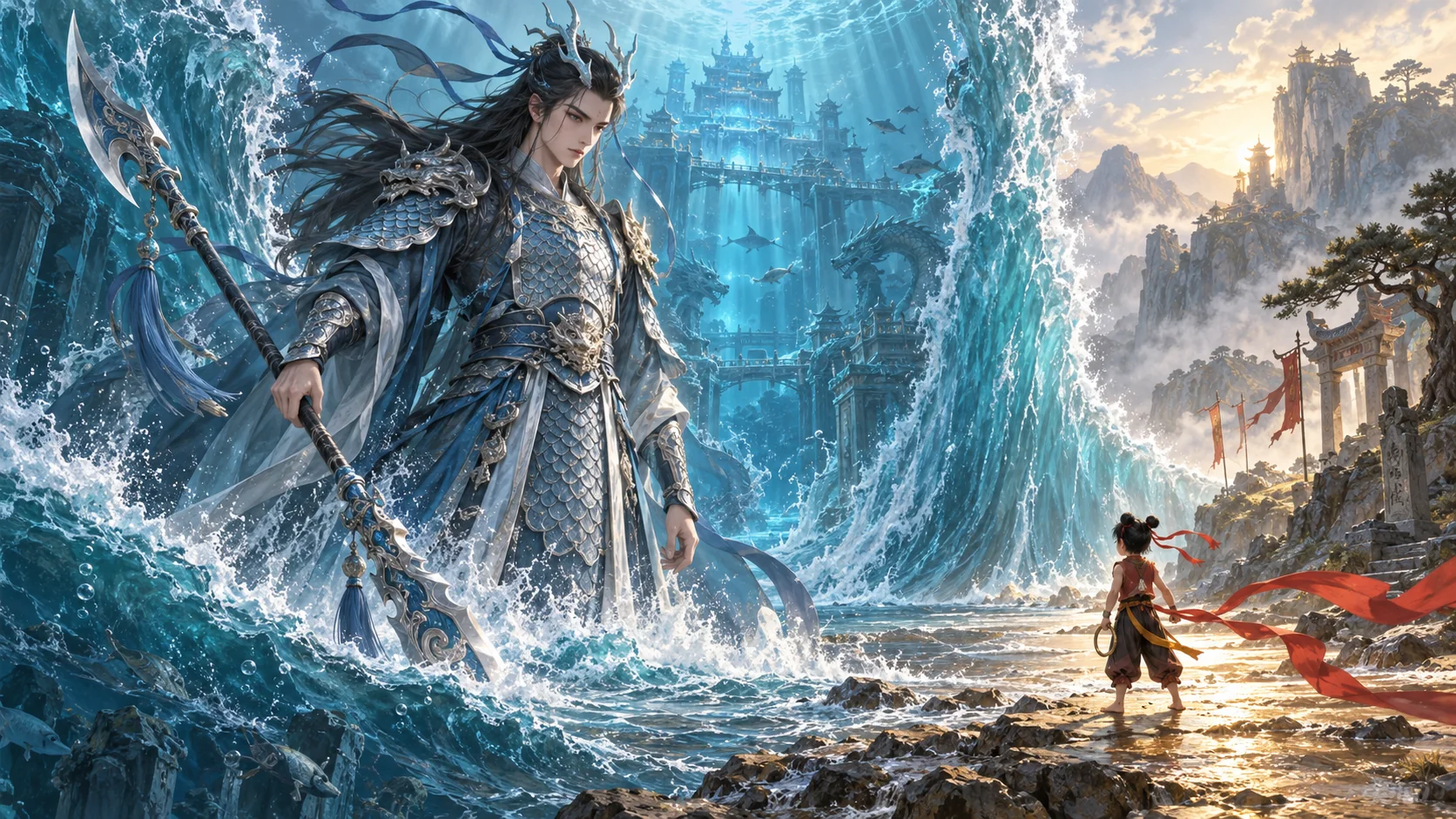 Original editorial illustration of Ao Bing holding a halberd above the river opposite Ne Zha