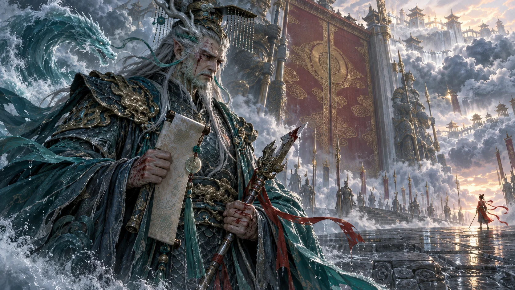 Original editorial illustration of Ao Guang, East Sea Dragon King, holding a petition before Heaven's gates