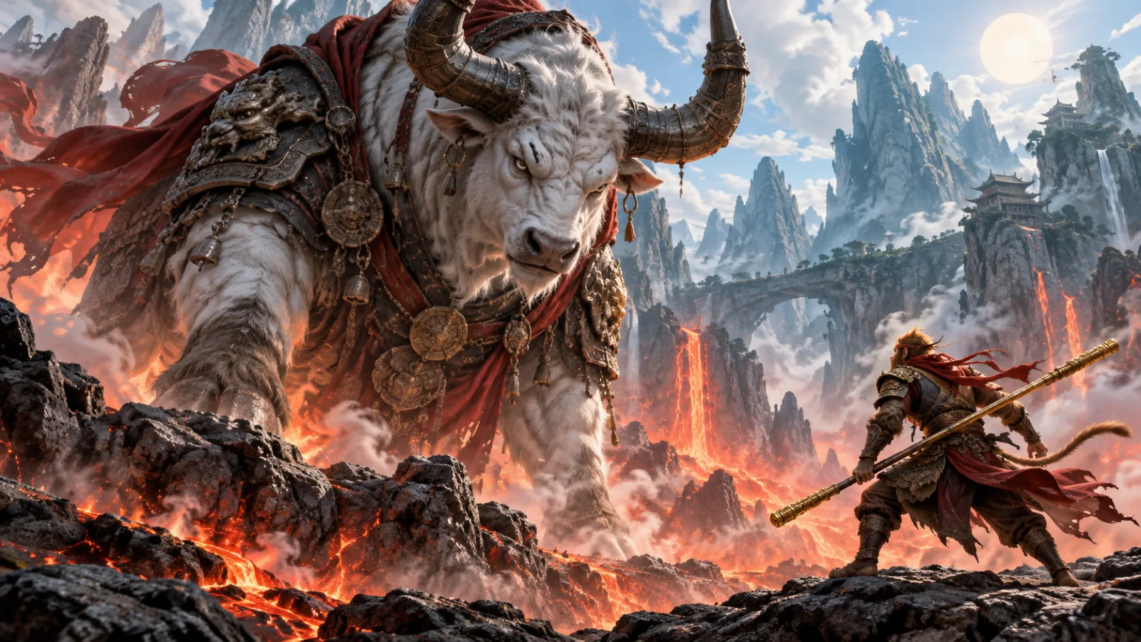 Bull Demon King in gigantic white-bull form confronting Sun Wukong at Flaming Mountain in an original literary illustration