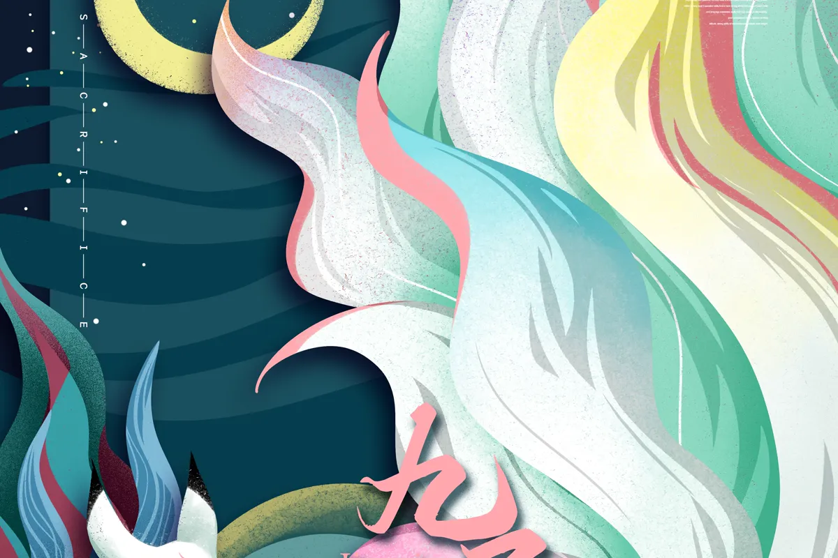 Modern Chinese mythology illustration of a white nine-tailed fox beneath a crescent moon