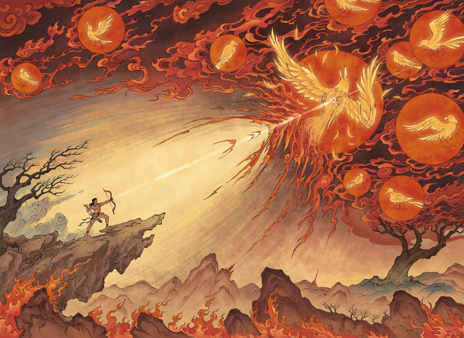 Modern Chinese illustration of Hou Yi shooting at one of many burning suns above a scorched landscape