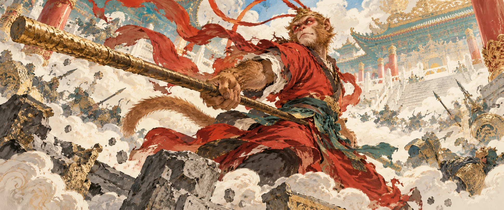 Original editorial illustration of Sun Wukong, the Monkey King, raising his staff amid the celestial palace during Havoc in Heaven