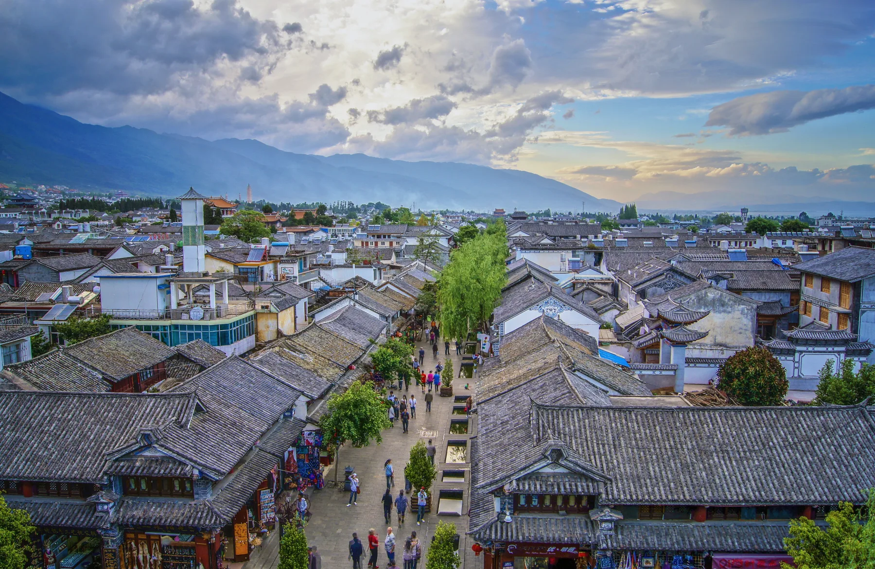 Dali Old Town roofs, central street, Cangshan and Erhai seen from above