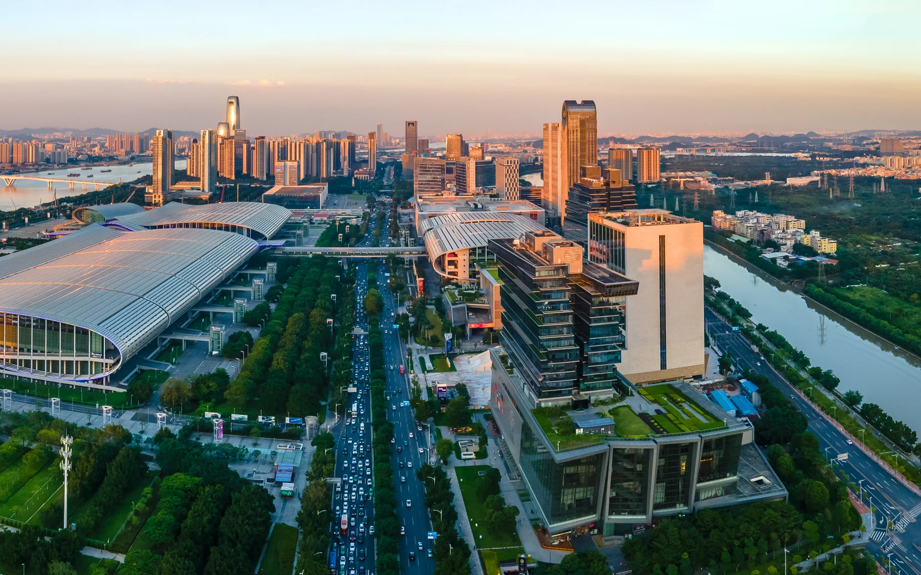 Guangzhou's Pazhou convention district and exhibition infrastructure beside the Pearl River