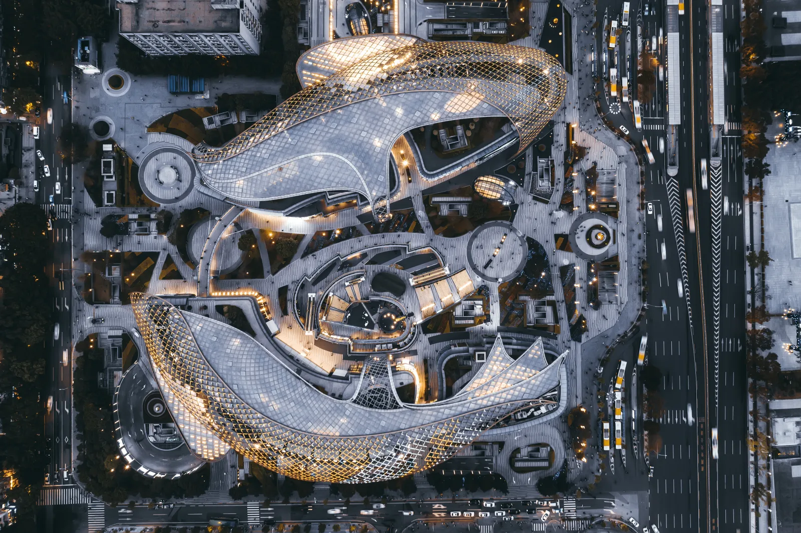 Contemporary Guangzhou architecture and layered public walkways at Tianhuan Plaza