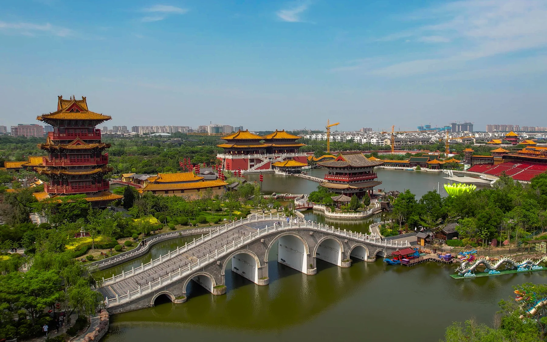 Aerial view of Kaifeng's modern Song-themed historical landscape and waterways